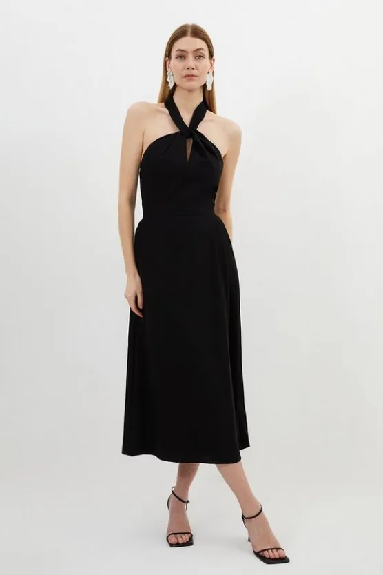 Karen Millen Soft Tailored Halter Tie Neck Pleat Detail Midi Dress black Sale