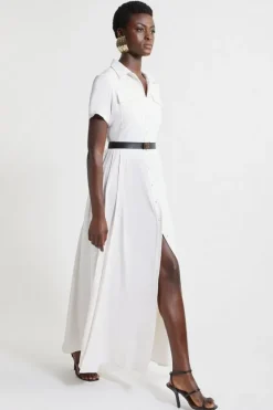 Karen Millen Soft Tailored Pleat Panel Midi Shirt Dress ivory Hot