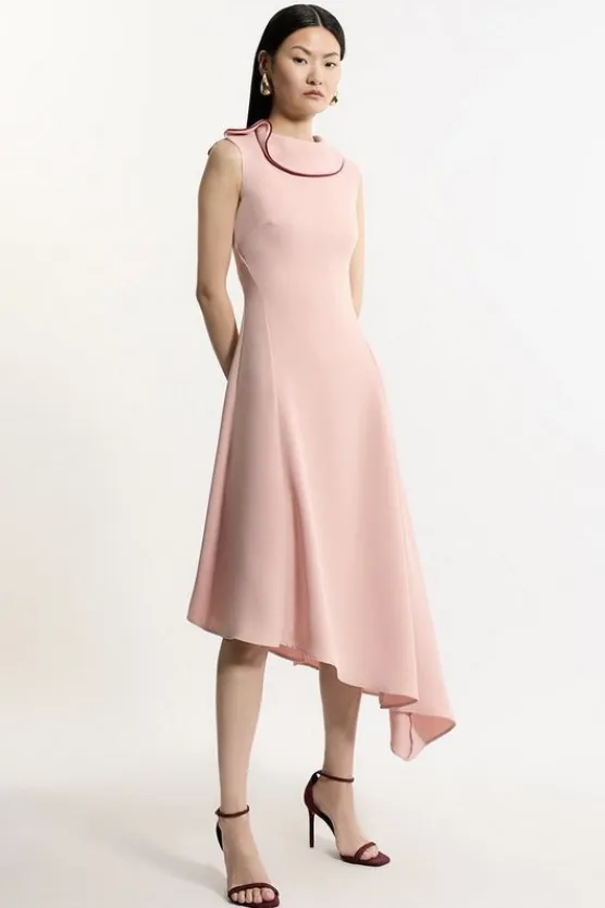 Karen Millen Soft Tailored Tipped Fluid Asymmetric Hem Midi Dress rose Hot