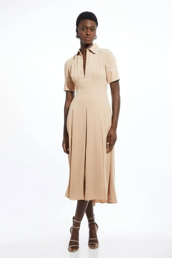 Karen Millen Soft Tailored Tipped Full Skirted Midi Dress camel Hot