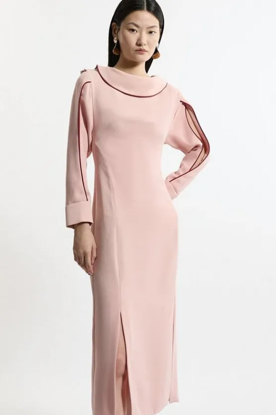 Karen Millen Soft Tailored Tipping Cowl Detail Sleeved Midi Dress rose New