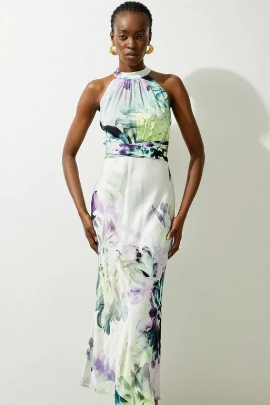 Karen Millen Spring Floral Hammered Satin Woven Halter Midi Dress blue Sale