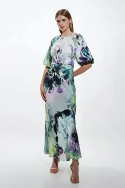 Karen Millen Spring Floral Printed Hammered Satin Woven Midi Dress blue New