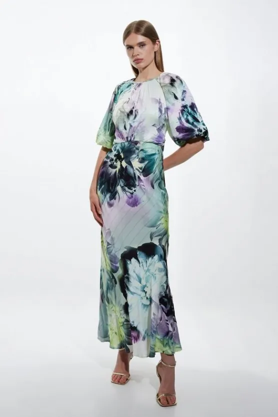 Karen Millen Spring Floral Printed Hammered Satin Woven Midi Dress blue New