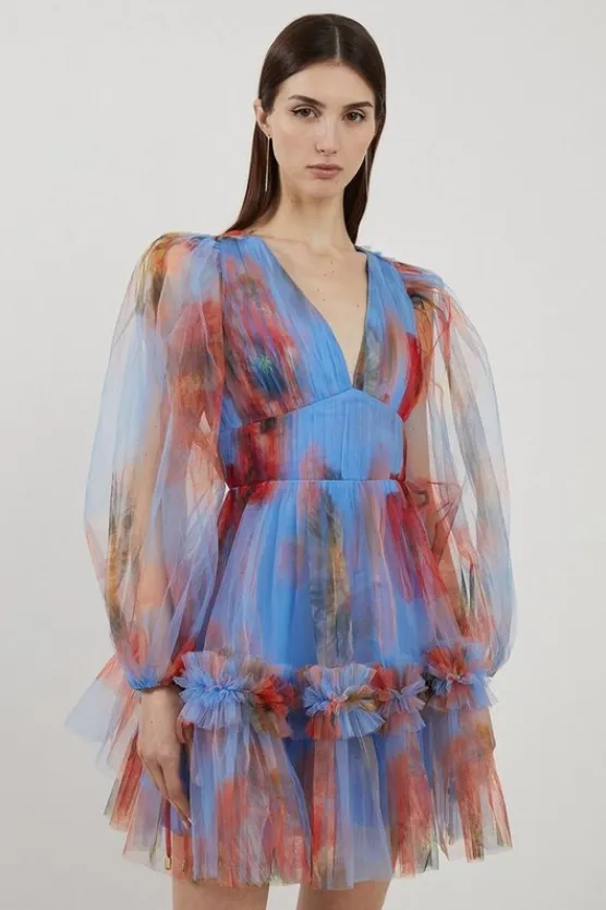 Karen Millen Spring Floral Tulle Plunge Mini Dress blue Best