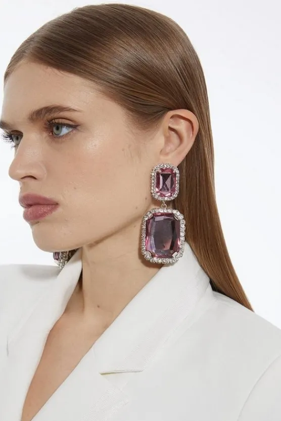 Karen Millen Statement Diamante Framed Drop Earrings lightpink New