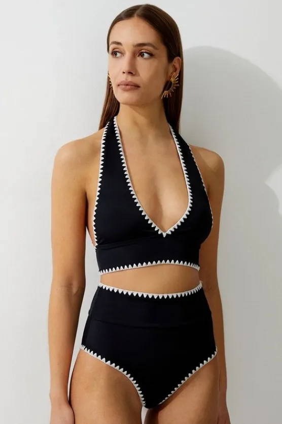Karen Millen Stitch Detail High Waisted Bikini Bottoms black Discount