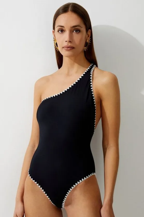Karen Millen Stitch Detail One Shoulder Cut Out Swimsuit black Fashion