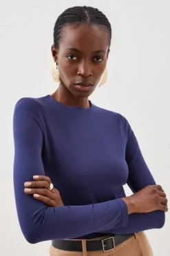 Karen Millen Stretch Cotton Crew Neck Long Sleeve Top navy Discount