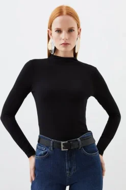 Karen Millen Stretch Cotton Funnel Neck Top black Sale