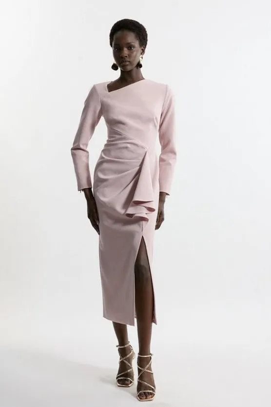 Karen Millen Stretch Crepe Asymmetric Neck Ruffle Drape Midi Dress mink Fashion