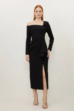 Karen Millen Stretch Crepe Asymmetric Neckline Draped Midi Dress black Clearance