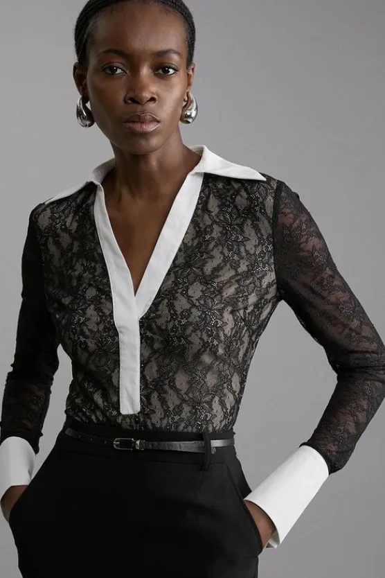 Karen Millen Stretch Lace And Contrast Collar Bodysuit black Online
