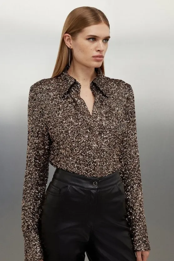 Karen Millen Stretch Sequin Collar Long Sleeve Shirt gold Discount
