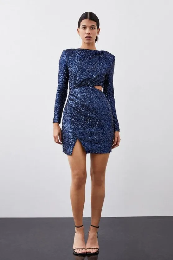 Karen Millen Stretch Sequin Long Sleeve Cut Out Mini Dress navy Discount