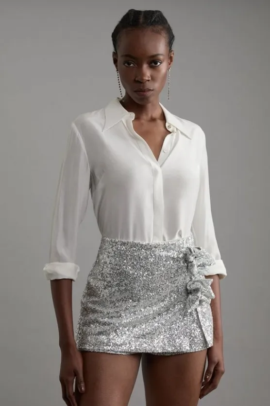 Karen Millen Stretch Sequin Rosette Mini Skort silver Sale
