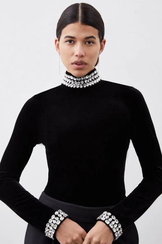 Karen Millen Stretch Velvet Crystal Embellished Long Sleeve Top black Online