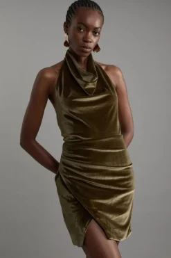 Karen Millen Stretch Velvet Halter Neck Mini Dress khaki New