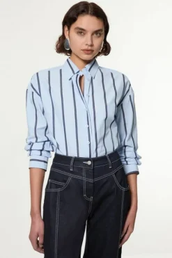 Karen Millen Stripe Cotton Oversize Tailored Essential Shirt paleblue Fashion