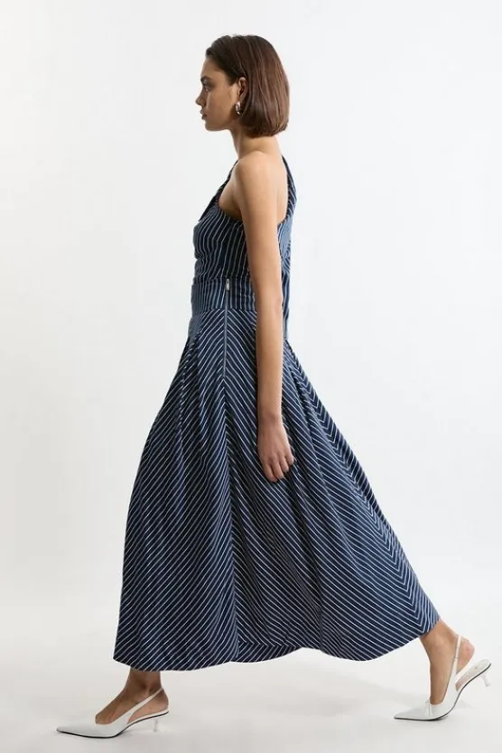 Karen Millen d Cotton Pleated Woven Maxi Skirt stripe Clearance