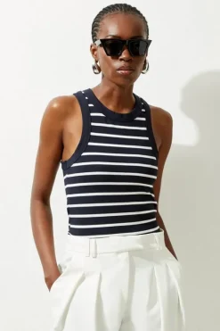 Karen Millen Stripe Stretch Cotton Jersey Racer Back Top navy Outlet