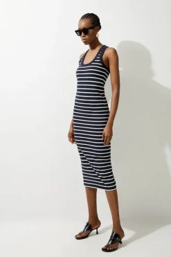 Karen Millen Stripe Stretch Cotton Jersey Racer Back Midi Dress navy Best