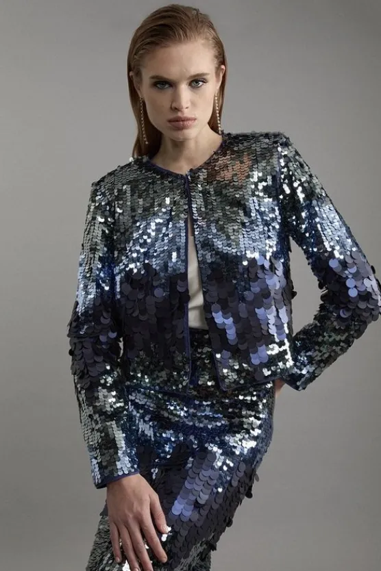 Karen Millen Strong Shoulder Disco Sequin Woven Cropped Jacket navy Best