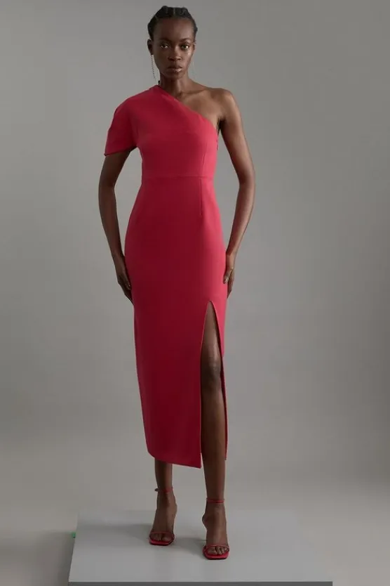 Karen Millen Structu Crepe Asymmetric Cape Detail Tailo Midi Dress red Fashion