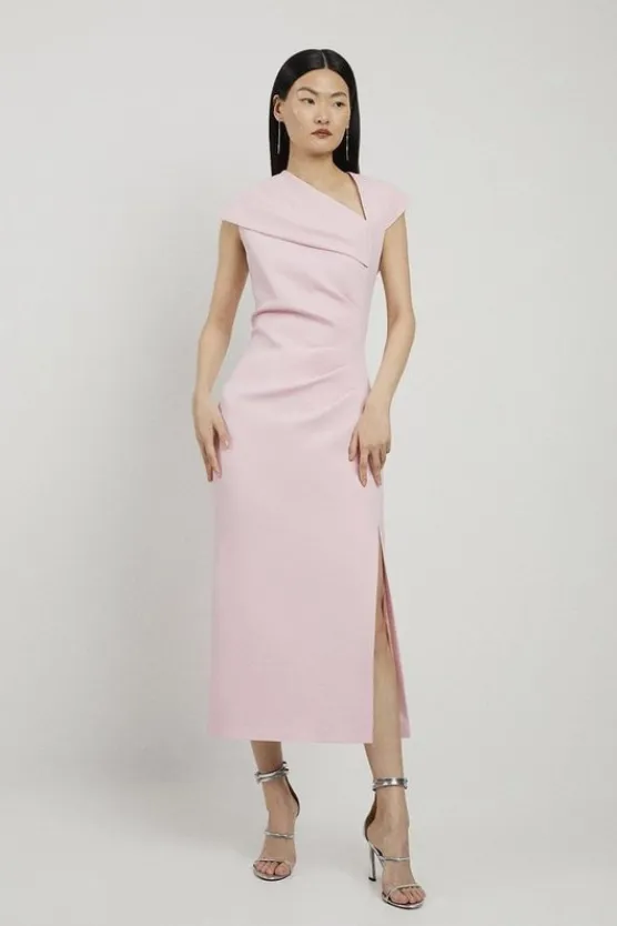 Karen Millen Structured Crepe Asymmetric Neck Midi Dress palepink Hot