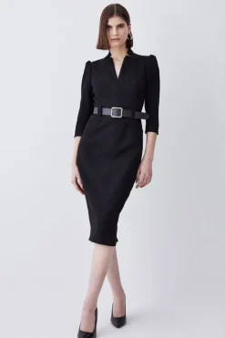 Karen Millen Structured Crepe Belted Forever Midi Dress black Fashion
