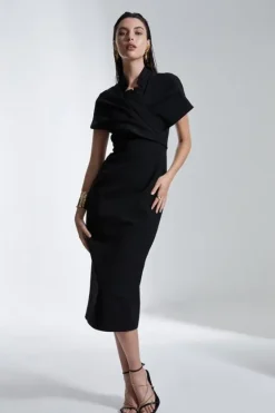 Karen Millen Structured Crepe Cape Detail Midi Dress black New