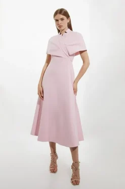 Karen Millen Structured Crepe Cape Detail Full Skirted Tailored Midi Dress fuchsia Sale