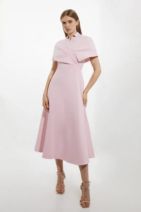 Karen Millen Structured Crepe Cape Detail Full Skirted Tailored Midi Dress fuchsia Sale
