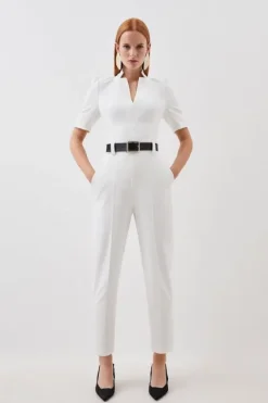 Karen Millen Structured Crepe Forever Belted Jumpsuit ivory Sale