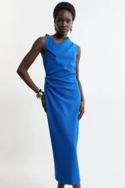 Karen Millen Structured Crepe Full Skirted Tailored Asymmetrical Maxi Dress cobalt Best