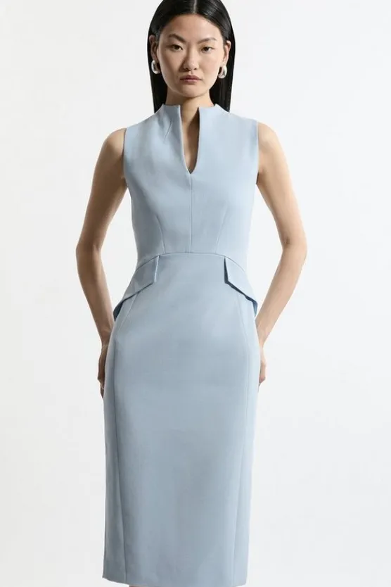 Karen Millen Structured Crepe High Neck Tailored Midi Pencil Dress dustyblue Online