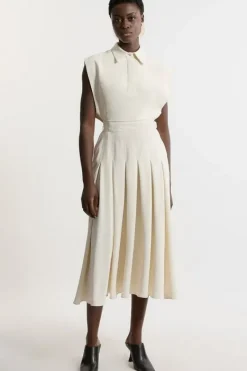 Karen Millen Structured Crepe Pleated Sleeveless Shirt Tailored Midi Dress ivory Clearance