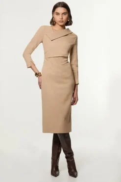 Karen Millen Structured Crepe Tailored Asymmetrical Collared Fitted Midi Dress camel Clearance
