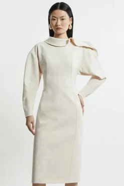 Karen Millen Structured Crepe Tailored Asymmetric Zip Neck Midi Dress stone Best