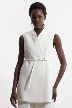 Karen Millen Structured Crepe Tailored Collarless Belted Sleeveless Blazer ivory Discount
