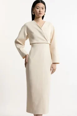 Karen Millen Structured Crepe Tailored Sleeveless Seam Detail Midi Dress stone Hot