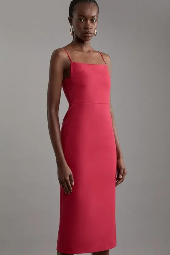 Karen Millen Structu Crepe Tailo Square Neck Midi Dress red Fashion
