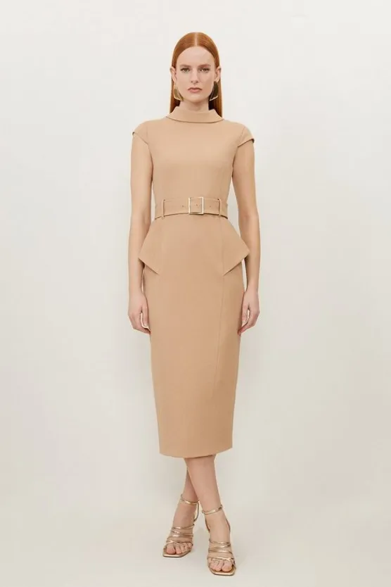 Karen Millen Structured Crepe Turtleneck Peplum Belted Midi Dress camel Clearance