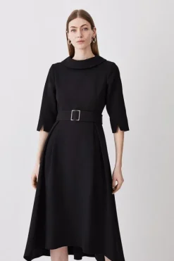 Karen Millen Structured Crepe Turtleneck Dip Hem Midi Dress black Fashion