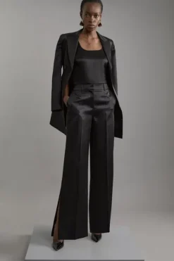 Karen Millen Structured Viscose Satin Tailored Wide Leg Pants black Clearance