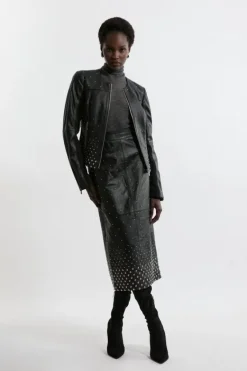 Karen Millen Studded Leather Pencil Skirt black Clearance