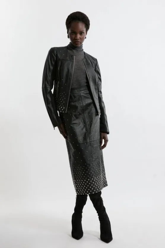 Karen Millen Studded Leather Pencil Skirt black Clearance