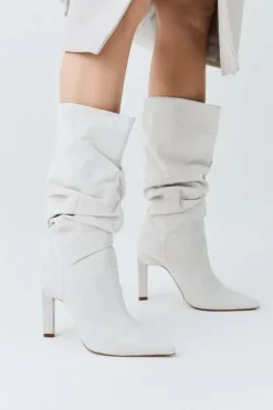 Karen Millen Suede Mid Calf Slouch Heeled Boot cream Discount