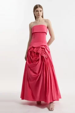 Karen Millen Taffeta Bandeau Tailored Rosette Pleat Maxi Dress hotpink Best