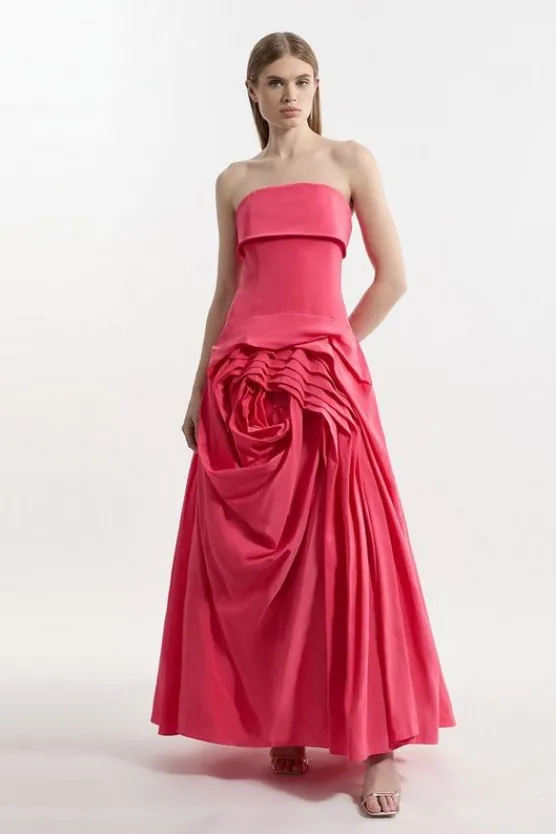 Karen Millen Taffeta Bandeau Tailored Rosette Pleat Maxi Dress hotpink Best